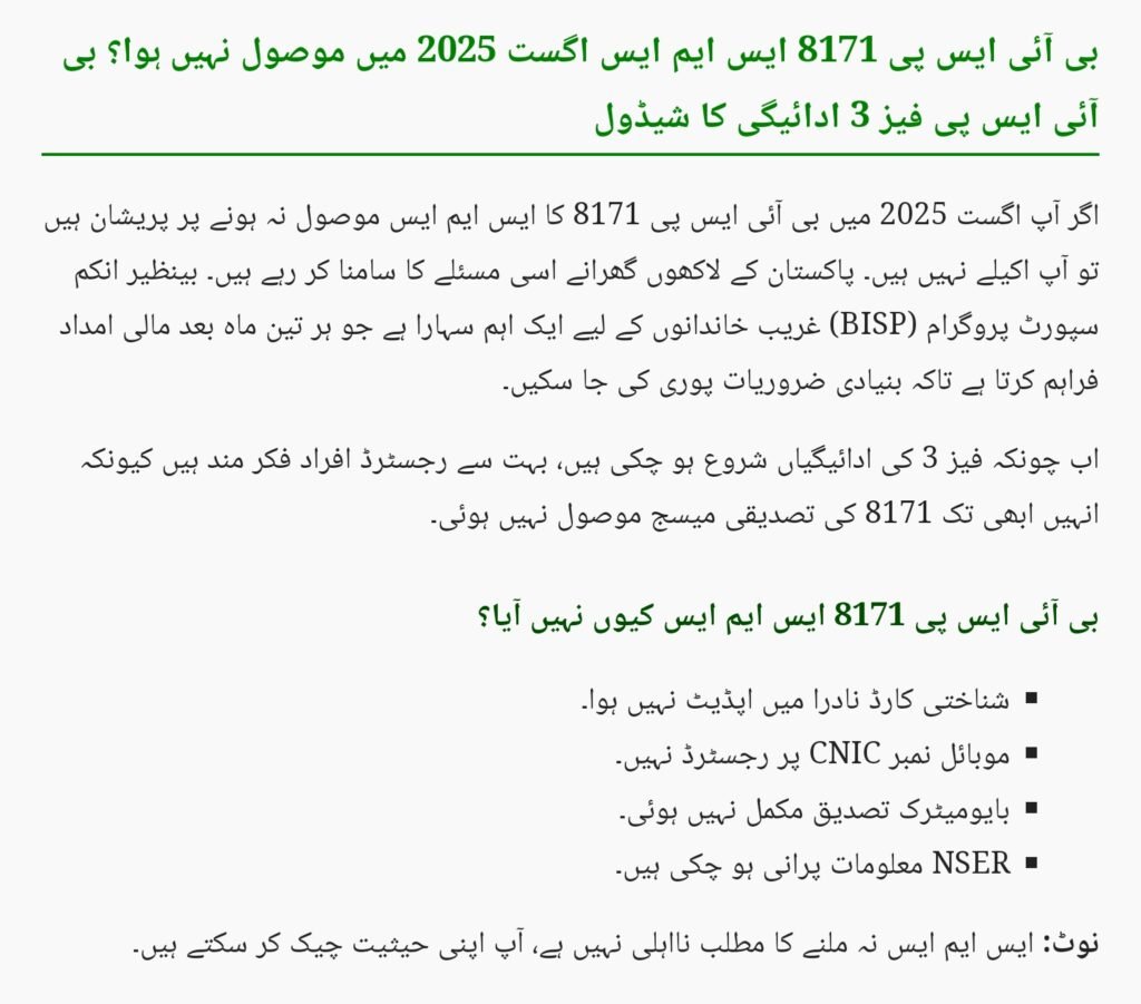 BISP 8171 SMS Not Received in August 2025